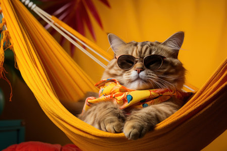 cat in a hammock laying on the yellow background with sunglasses on,の素材