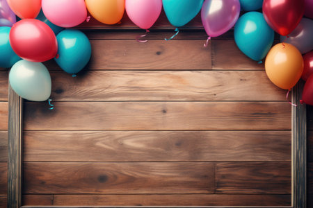 colorful balloons arranged in a frame on a wooden background,の素材
