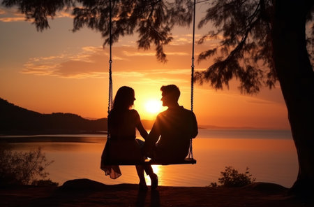 couple in swing on the beach with the sun behind them,の素材