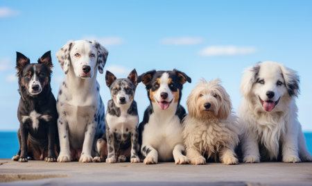 dogs together on blue backgroundの素材