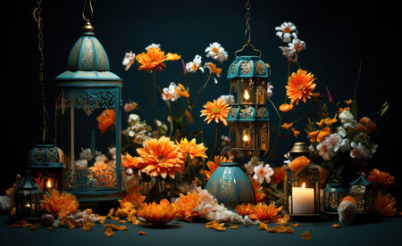 diwali lamps and flowers,の素材