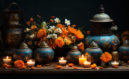 diwali lamps and flowers,の素材