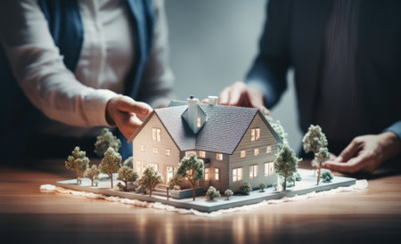 family sitting and holding a house,の素材