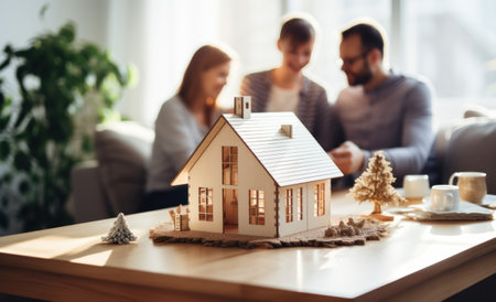 family sitting and holding a house,の素材