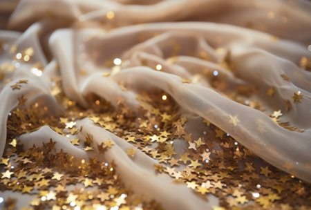 gold sequin fabric with many brown stars,の素材