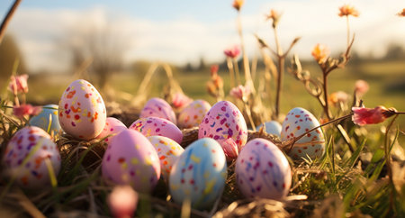 image of easter eggs, easter themed background,の素材