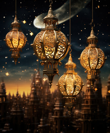 golden moon with lanterns and moon,の素材