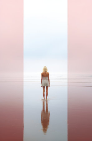 lonely blonde young woman on sandy beach sandy beach,の素材