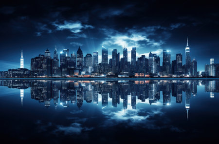 futuristic city skyline at night with the blue lights shining in the distanceの素材