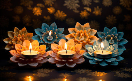 four diyas on a colorful backdrop with flowers and leaves,の素材