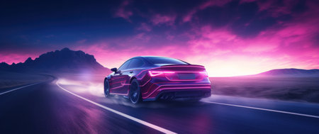 car moving on a highway in motion at night in city and purple lights,の素材