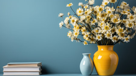Bright yellow flowers in a vase on a white shelfの素材