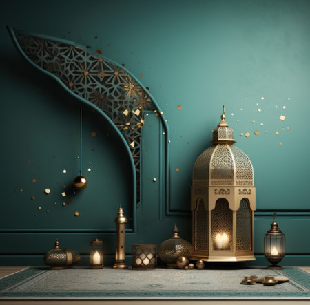 arabic design background with golden lantern and moonの素材