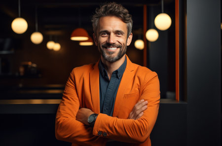 smiling man in orange sweater with arms crossed and smiling happyの素材