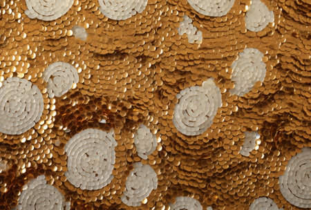 Closeup detail of gold sequined fabric texture background. Gold sequined fabric texture.の素材
