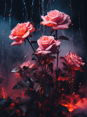 some pink roses are growing in a dark scene,の素材