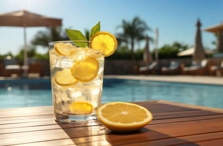 cocktails by pool with lemon peelの素材