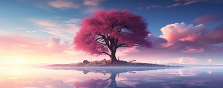 the sunset with red tree in the backgroundの素材