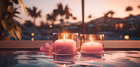 two candles sitting right next to a pool,の素材