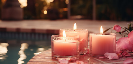 two candles sitting right next to a pool,の素材
