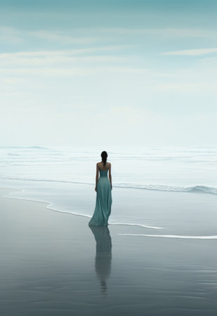 young lady is standing on foot in an empty beachの素材