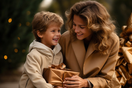 woman holding a present and her son outdoors near a christmas treeの素材