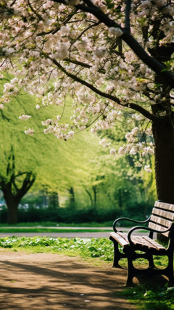 A peaceful image of a lone park bench nestled among blooming trees and lush greenery,の素材