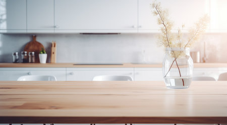 isolated wooden kitchen table in abstract white interior with clear glass,の素材