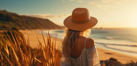 woman in hat standing on the edge of a beachの素材