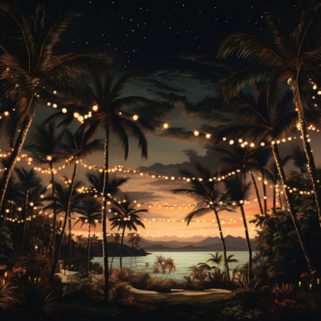 lights laying down behind palm trees near the beach, iの素材