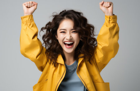 young woman cheering and smiling on a white background,の素材