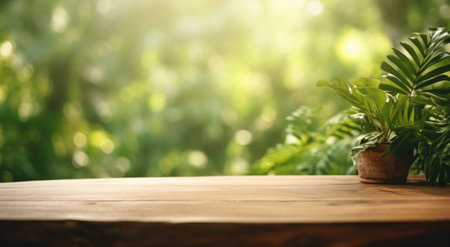 Wooden table with green plant in pot on bokeh backgroundの素材