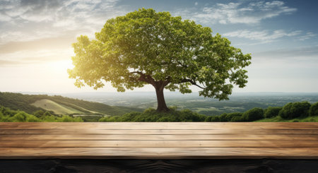 wooden table on a green grassy backgroundの素材