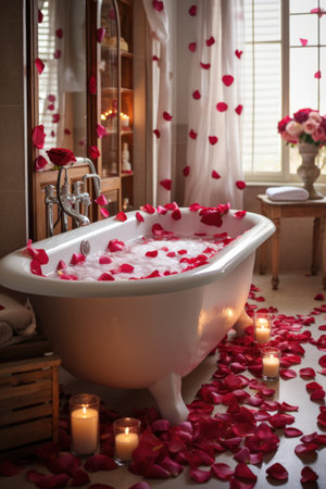 A bathroom decorated with heart-shaped soaps, towels, and a rose petal-filledの素材
