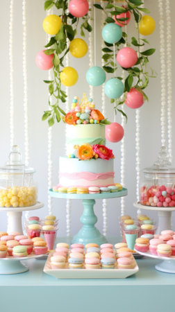 A bright and cheerful spring-themed dessert table filled with cupcakes, macarons,の素材