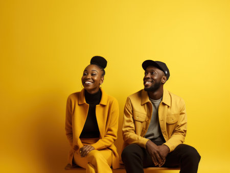 a black couple sitting next to a yellow background,の素材