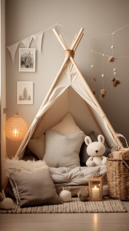 A child's bedroom with playful winter decorations and a cozy reading corner,の素材