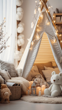 A child's bedroom with playful winter decorations and a cozy reading corner,の素材