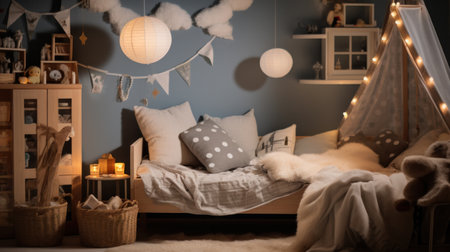 A child's bedroom with playful winter decorations and a cozy reading corner,の素材