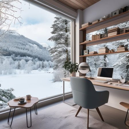 A home office with a view of a snowy landscape,の素材