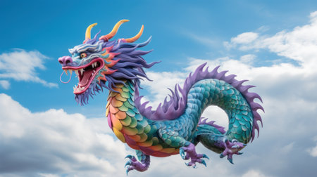 A colorful Chinese dragon in shades of blue, green, and purple, soaring through the skyの素材