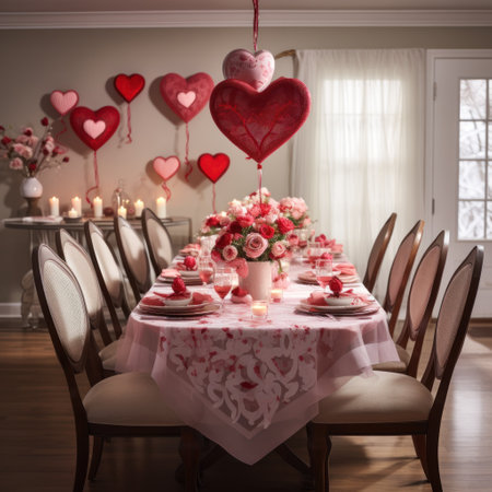 A dining room decorated with heart-shaped napkins, tablecloth,の素材