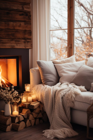 A cozy living room with a fireplace as the centerpiece, adorned with warm blankets and softの素材