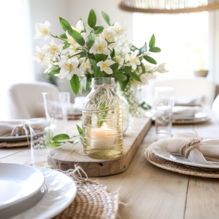 A cozy indoor spring party featuring a rustic table setting with fresh flowersの素材