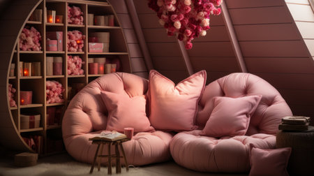 A cozy living room with a fireplace, decorated with heart-shaped garlands and candles,の素材