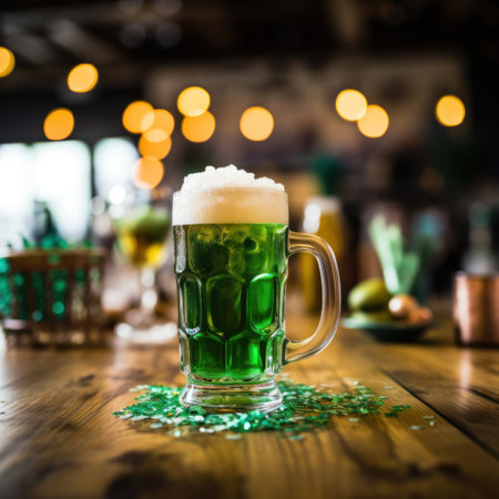 A festive St. Patrick's Day image with a green beer mug and a shamrock on a wooden tableの素材