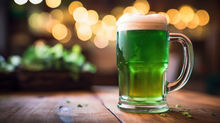 A festive St. Patrick's Day image with a green beer mug and a shamrock on a wooden tableの素材
