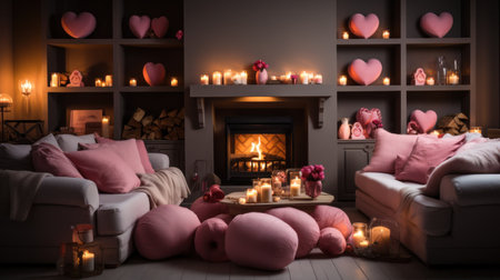 A cozy living room with a fireplace, decorated with heart-shaped garlands and candles,の素材