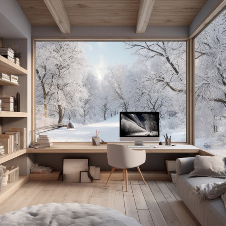 A home office with a view of a snowy landscape,の素材