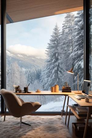 A home office with a view of a snowy landscape,の素材